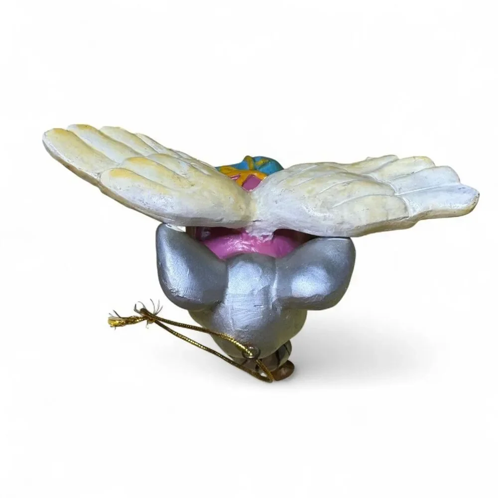 Vtg Elephant Ornament with Angel Wings Blue & Pink Outfit Fair Condition